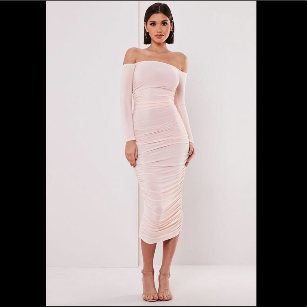 Blush off the shoulder midi dress